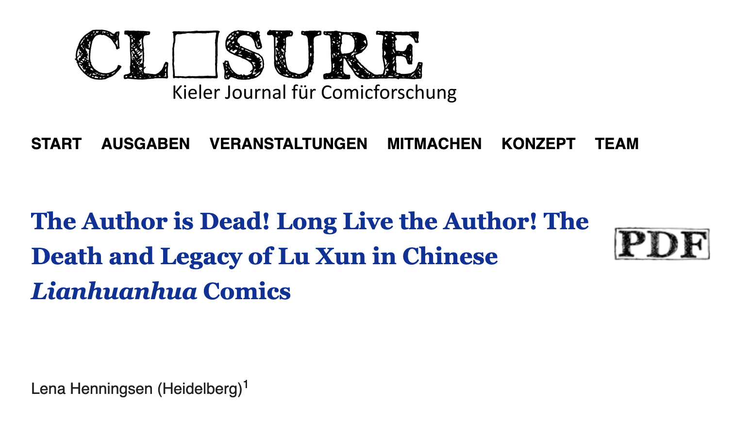 NEW PUBLICATION: Lena Henningsen's article on the Lianhuanhua Death(s) of Lu Xun in Closure